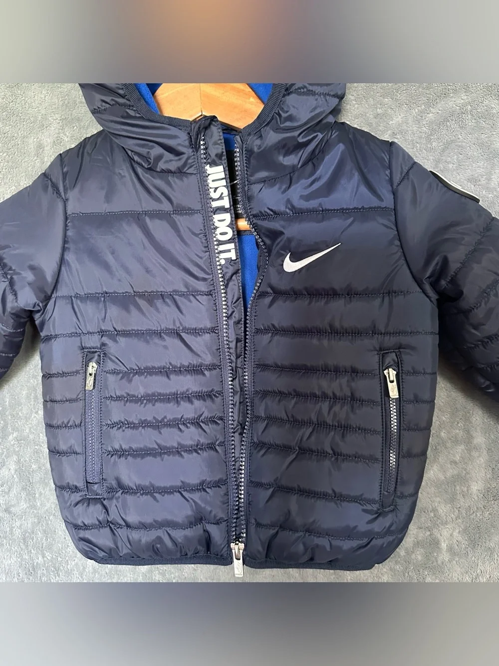 Nike Just Do It Puffer Coat Jacket Navy Blue 2T Toddler Boy Girl Kids Winter